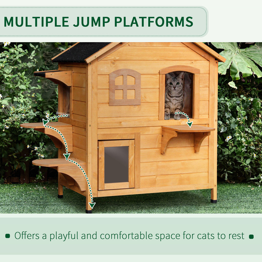 PawHut 2-story Cat House Outdoor, Weatherproof Wooden Cat Enclosure for Feral Cats with Escape Door, Openable Roof, Jumping Platforms, Natural