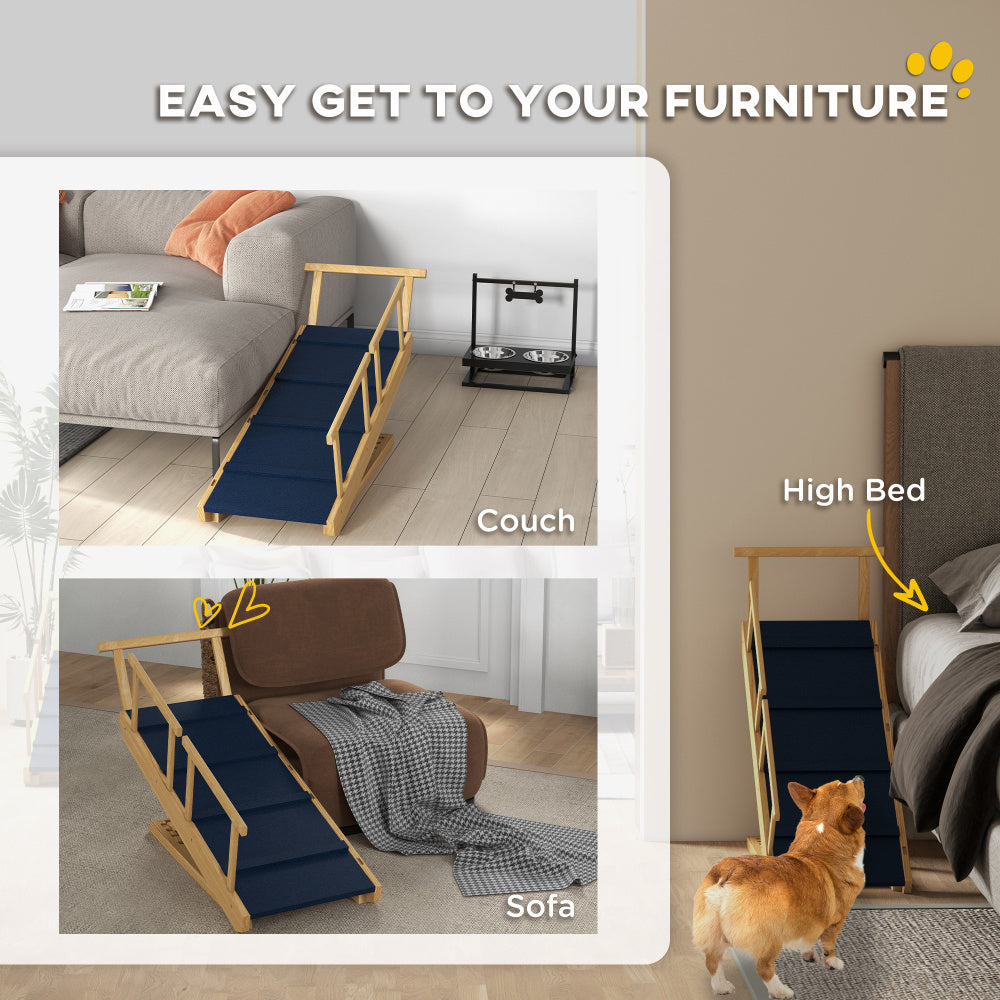 PawHut Dog Ramp, Adjustable 4 Height Pet Ramp, Foldable Wooden Dog Stairs with Non-slip Mat for Small to Large Dogs to Get on High Bed or Sofa Couch, Natural Wood Finish