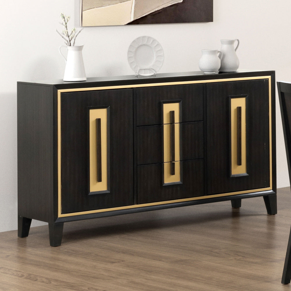 SunJet Modern Espresso Bedside Table Bedroom Furniture 1pc Nightstand Gold Accent Trim Wooden Finger Pull
