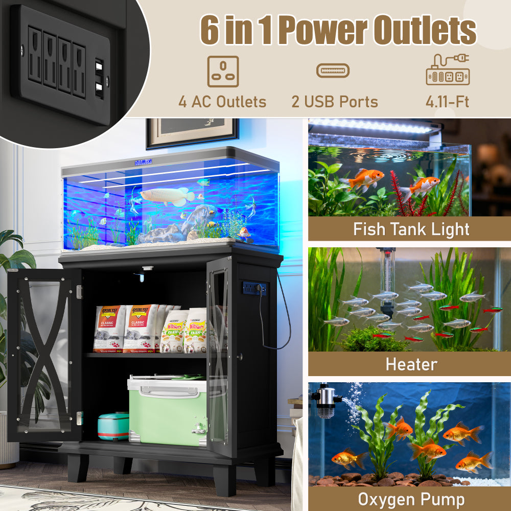 20 Gallon Fish Tank Stand with Power Outlets(4 AC 2 USB), Farmhouse Decorative Aquarium Stand Furniture with Adjustable Shelves, 10-20 Gallon Reptile Turtle Tank Stand with Cabinet Storage, Black
