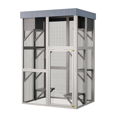 70.5＂ Tall Wooden Catio Outdoor Cat Enclosure, Gray Cat House Large Solid Wood Cage Playpen with 6 Jumping Platforms & 2 Napping Houses, Movable tarp cover