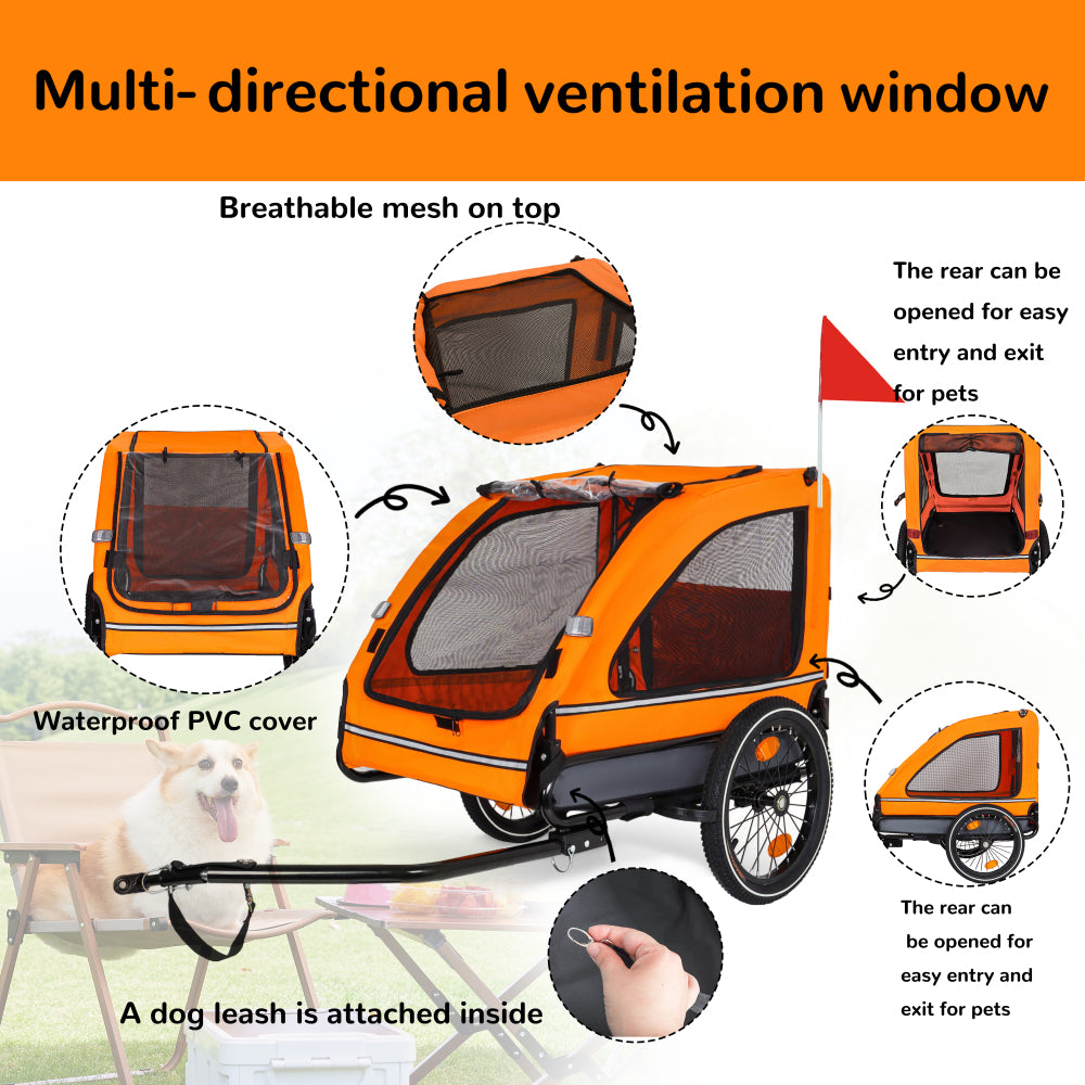 Pet Bike Trailer Dog Cart for Bicycle,Suitable for Small and Medium Pets, Easy Folding Cart Frame, Quick Release Wheel, Non-Slip Floor, Internal Leash, Orange+Gray