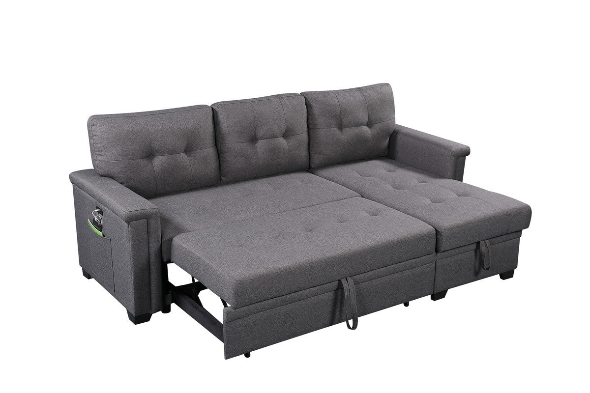Nathan 84' Dark Gray Reversible Sleeper Sectional Sofa with Storage Chaise, USB Charging Ports and Pocket
