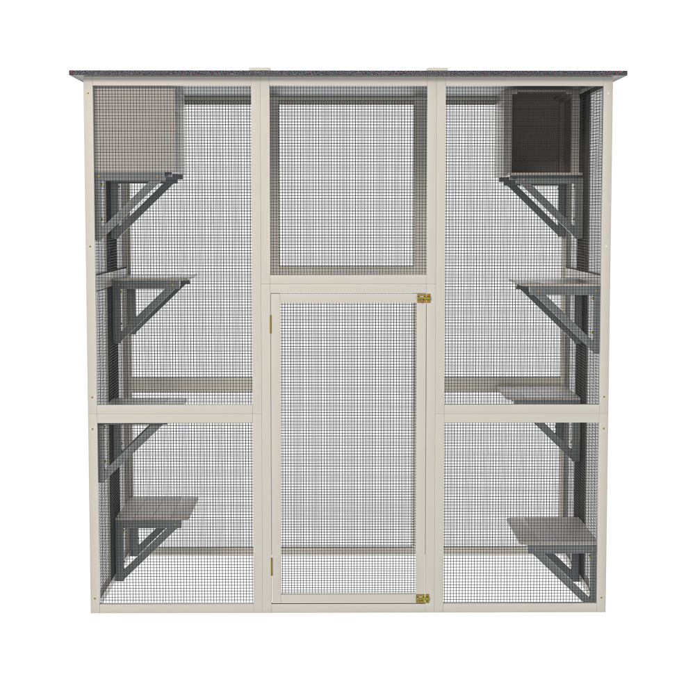 Gray Wooden Outdoor Catio Cat Enclosure with Weatherproof Asphalt Roof, Large Walk-in Cat House with 6 Platforms & 2 Napping Boxes, Solid Wood Cat Cage  Kennel Condo Playpen for Patio