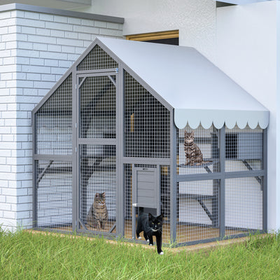Large Outdoor Cat House, 28ft² Luxury Wooden Cat Run Enclosure Walk in Cat Catio Kitten Condo with 2 Cat Doors, 2 Playpen & Hiding Houses, Bridges, Walks, Roof Cover, Grey