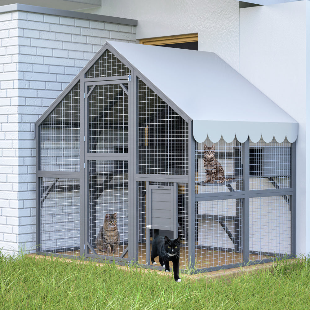 Outdoor Cat House Wooden Catio Enclosure w/Cover- Large Cat Cage with Jump Platforms and Condos, Weatherproof, Grey, 71(L)*37(W)*71(H)