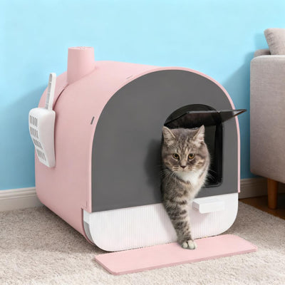 Pink  Cat Litter Box with Lid with Scoop and Filter