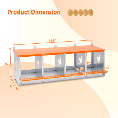 4-Bay Metal Nest Box-Wall Mount for Hens/Ducks, Easy Egg Collection & Assembly, Vented Galvanized Steel Coop Equipment Orange