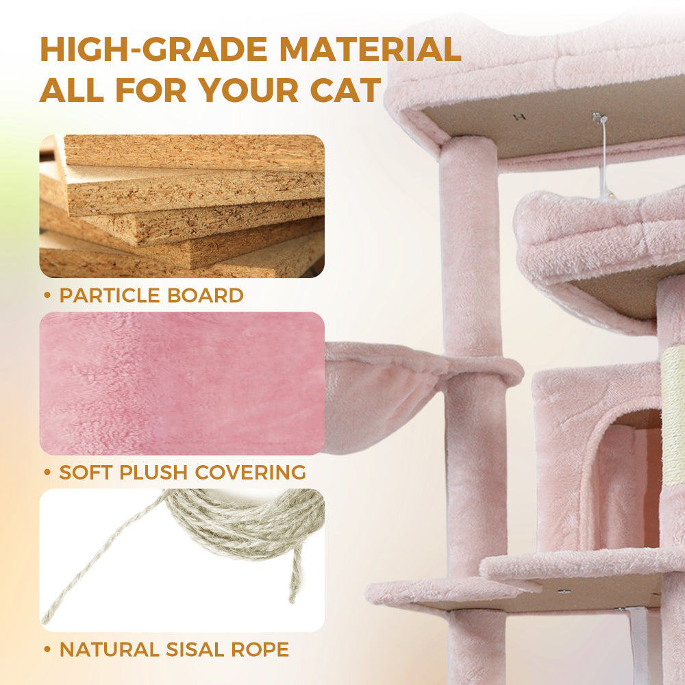 68in Tall Multi-Level Green Cat Tree with Hammocks, Hanging Basket, Cat Cave, Removeable Cushion, Scratching Posts - Plush Cat Tower for Indoor Cats, Perfect for Multiple Cats Pink