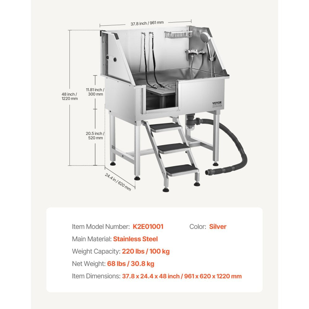 38" Dog Grooming Bath Tub Stainless Steel w/ Stairs Faucet Left Door