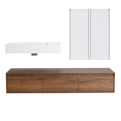 Brown Ebony Wall-Mounted Bathroom Vanity with Resin Sink and 2-Side Cabinet, 3-Soft Close Drawer, Plywood