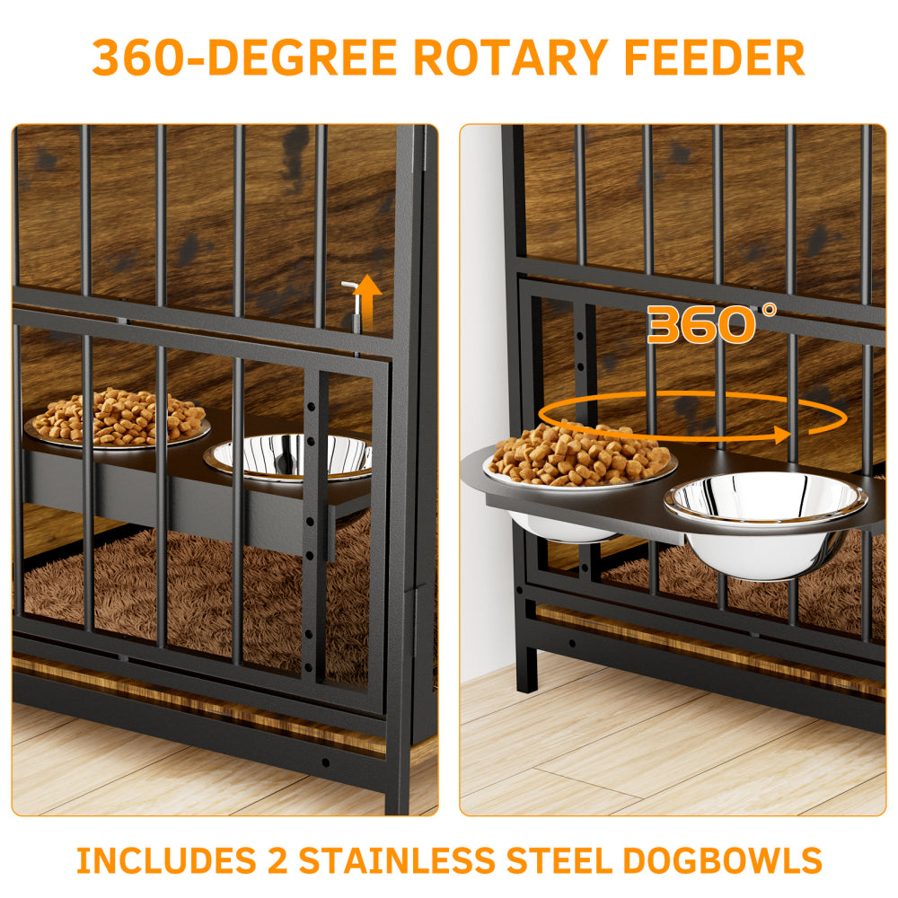 Dog Cage Furniture with Cushion, Dog Kennel Indoor with Rotating Feeder Bowls, Heavy Duty Indoor Puppy Cage Kennel for Medium to Large Dogs, 41" L X 23.6" W 35.8" H, Brown