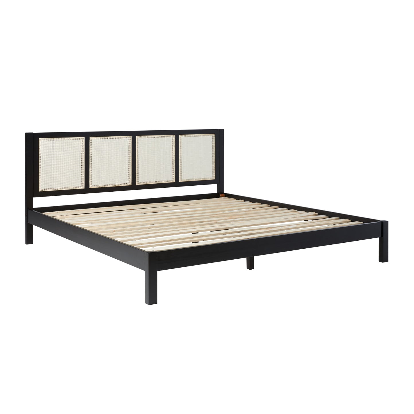 Solid Wood King Bed with Rattan Panel Headboard by Walker Edison