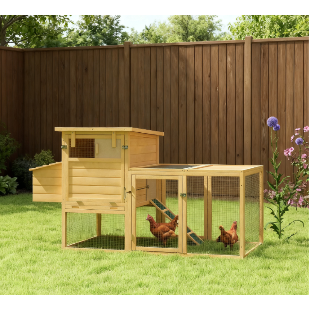 Wooden Chicken Coop with Nesting Box, Removable Tray, Ramp Run,  Natural Wood