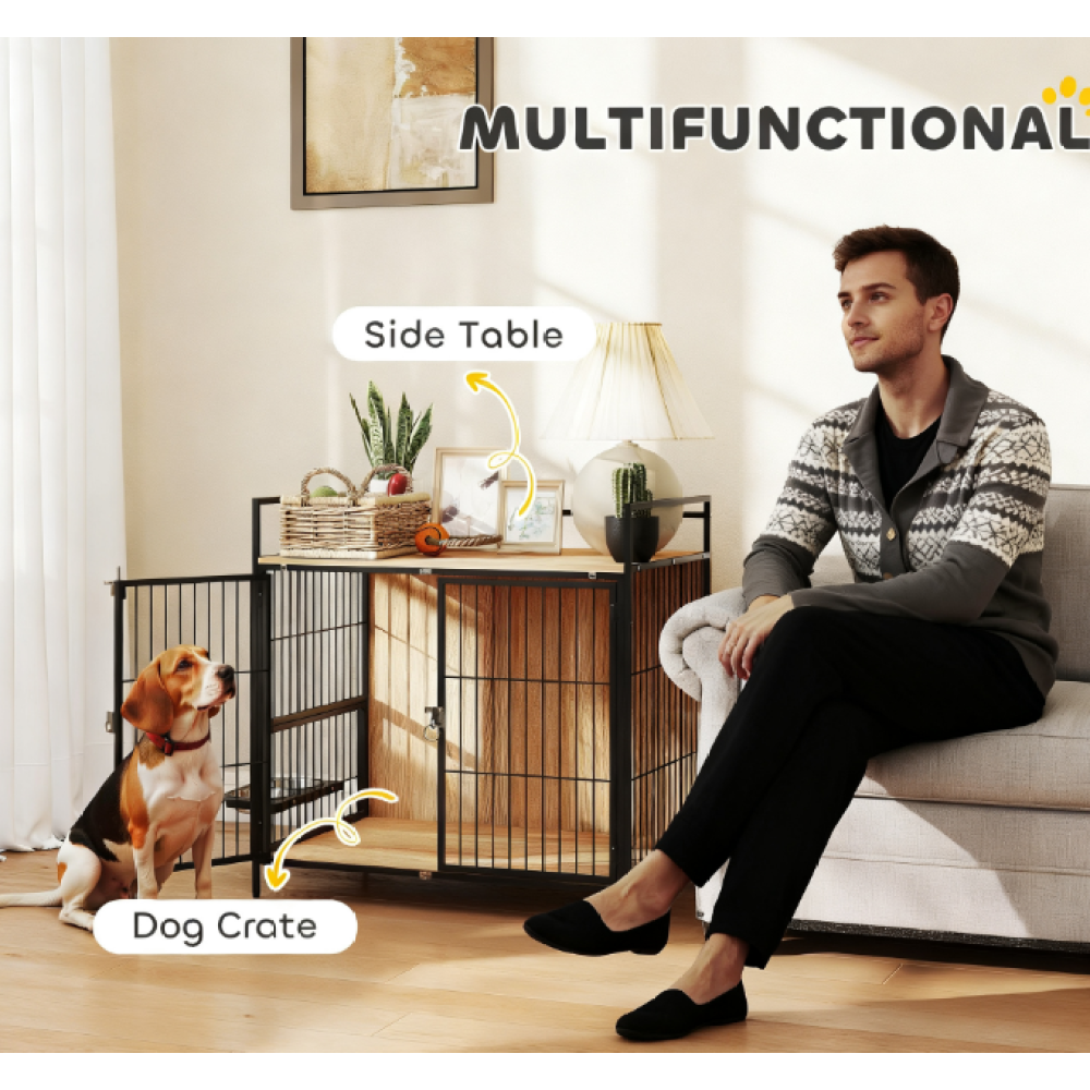 Indoor Pet Kennel Side Table with Rotatable Bowls, 2 Anti-Escape Doors,Oak