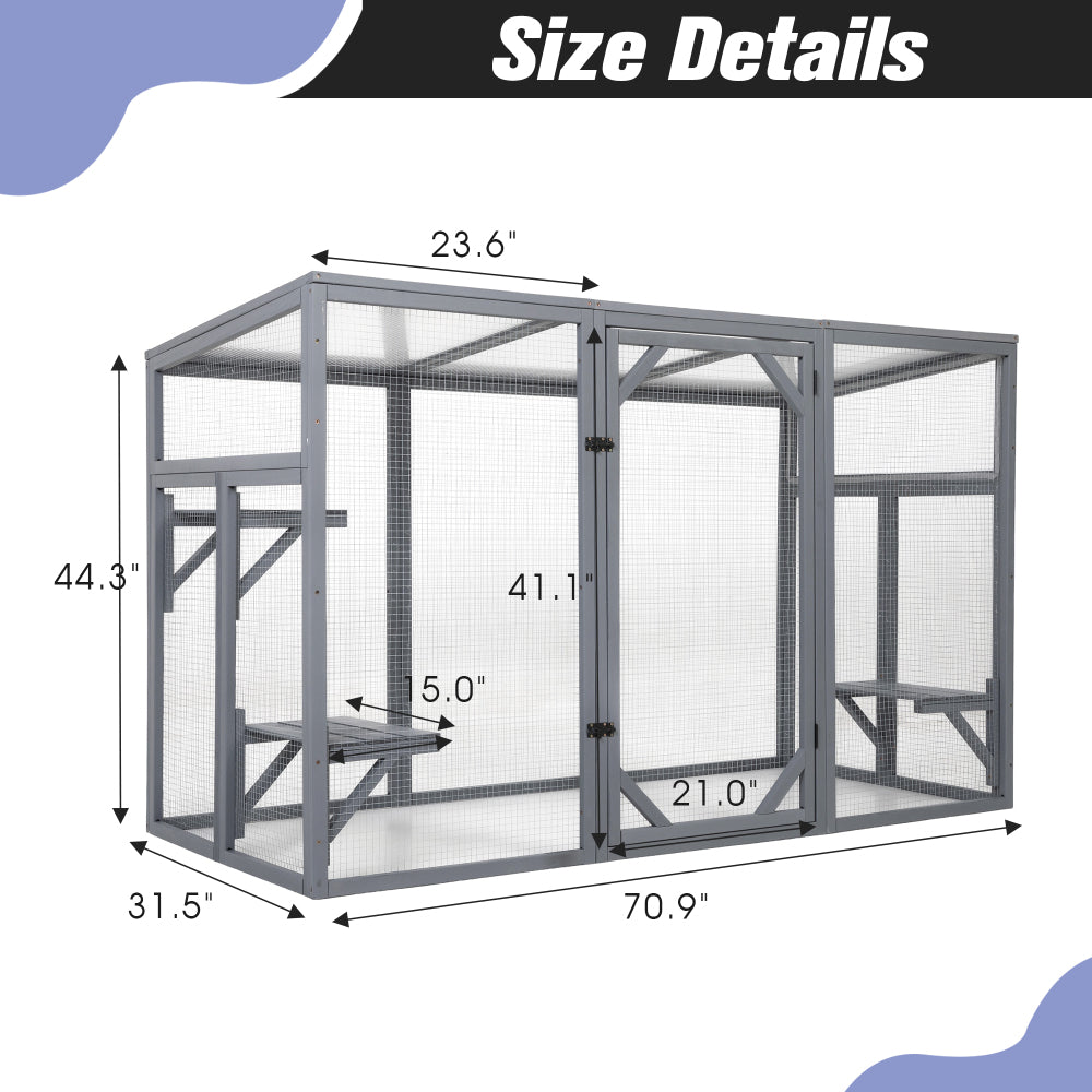 Outdoor Wood Cat Enclosure, Patio Cat Catio House with 3 Platforms, Lockable Door, Sun Sheet Roof, Large Run for Pets, Gray