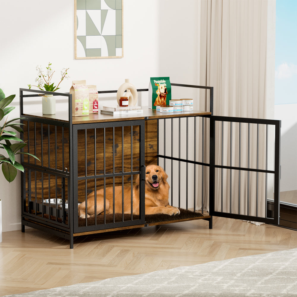 Dog Cage Furniture with Cushion, Dog Kennel Indoor with Rotating Feeder Bowls, Heavy Duty Indoor Puppy Cage Kennel for Medium to Large Dogs, 41" L X 23.6" W 35.8" H, Brown