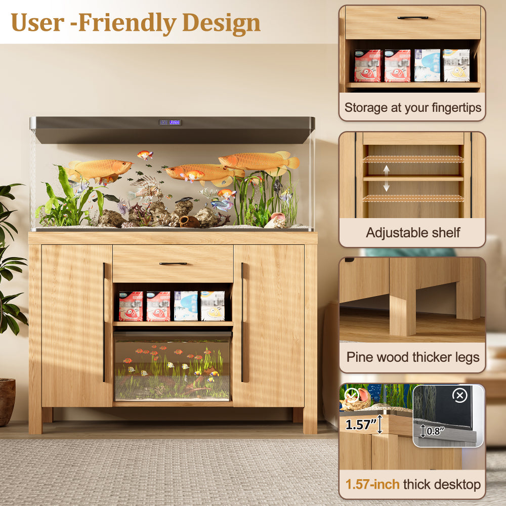 55-75  Gallon Fish Tank Stand with Power Outlets, Heavy Duty Aquarium Stand with 2 Cabinets and Storage Drawer for Fish Tank, Thickened Tabletop and Stand, Reptile Terrarium, 880LBS Capacity, Natural
