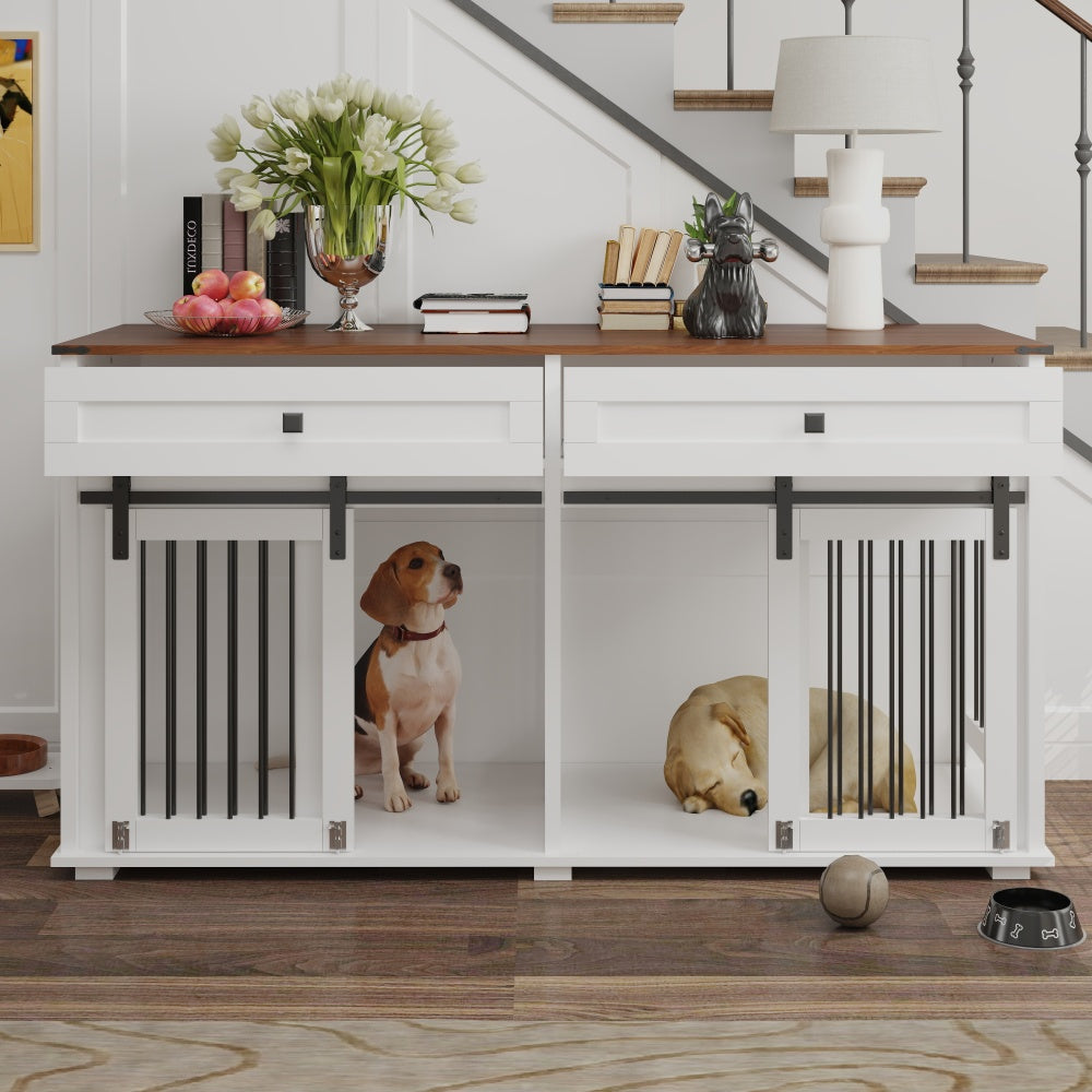 63'' Large Dog Crate Furniture for Double Dog, Wooden Dog Kennel with 2 Drawers,Divider and Sliding Door, Water Resistant Indoor Pets Furniture Style Double Dog Crates