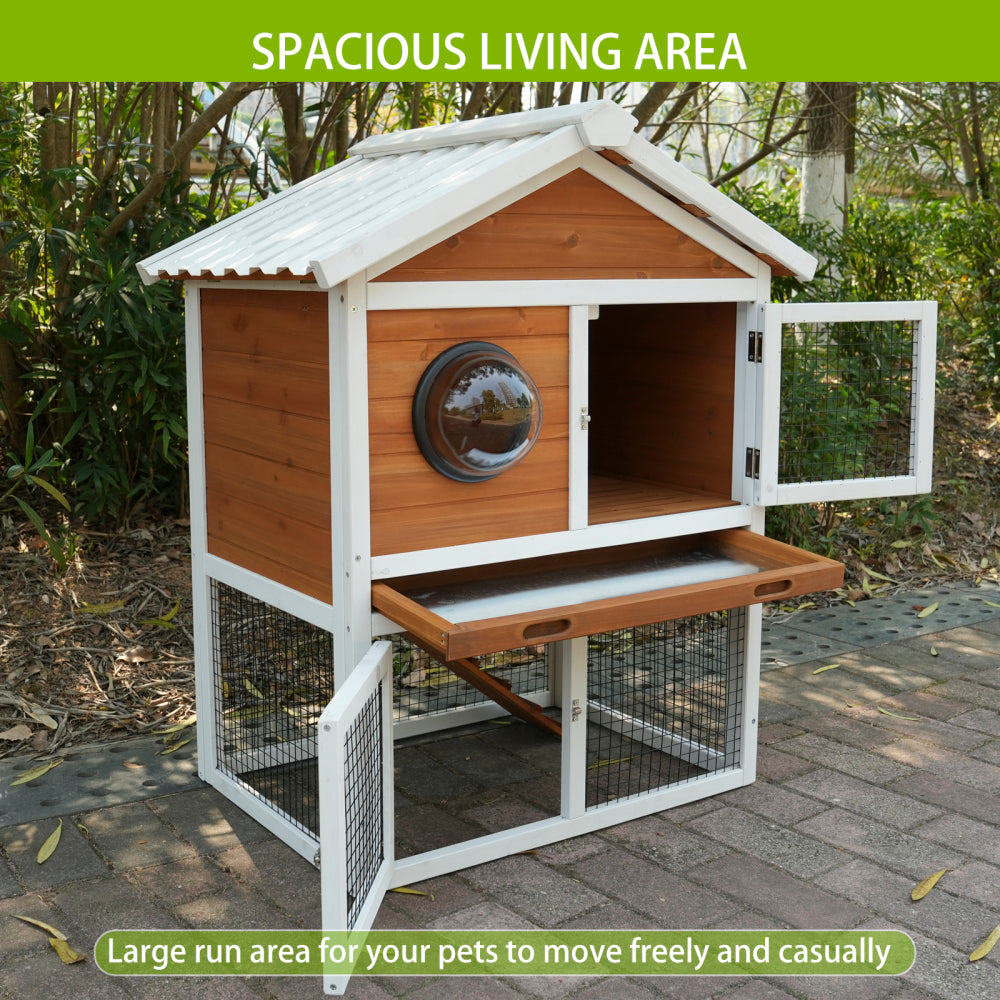 Rabbit Hutch Outdoor, Bunny Cage with Waterproof Roof, Removable Pull Out Tray,  2-tier Wooden Rabbit House for Small Animals, Rabbit Enclosure Suits for Guinea Pigs, Hamster,.Viewing Window Design