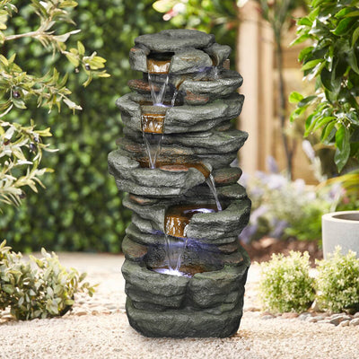 32.6"H-Simulation Slate Stone Garden Outdoor Fountain with LED Lights