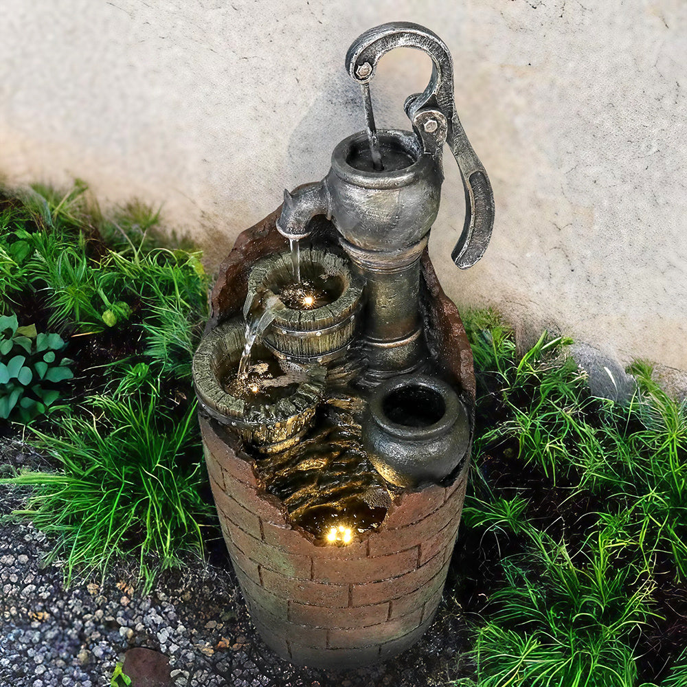 32,6''H 3-stufiger Retro-Fass-Außenbrunnen mit LED-Leuchten