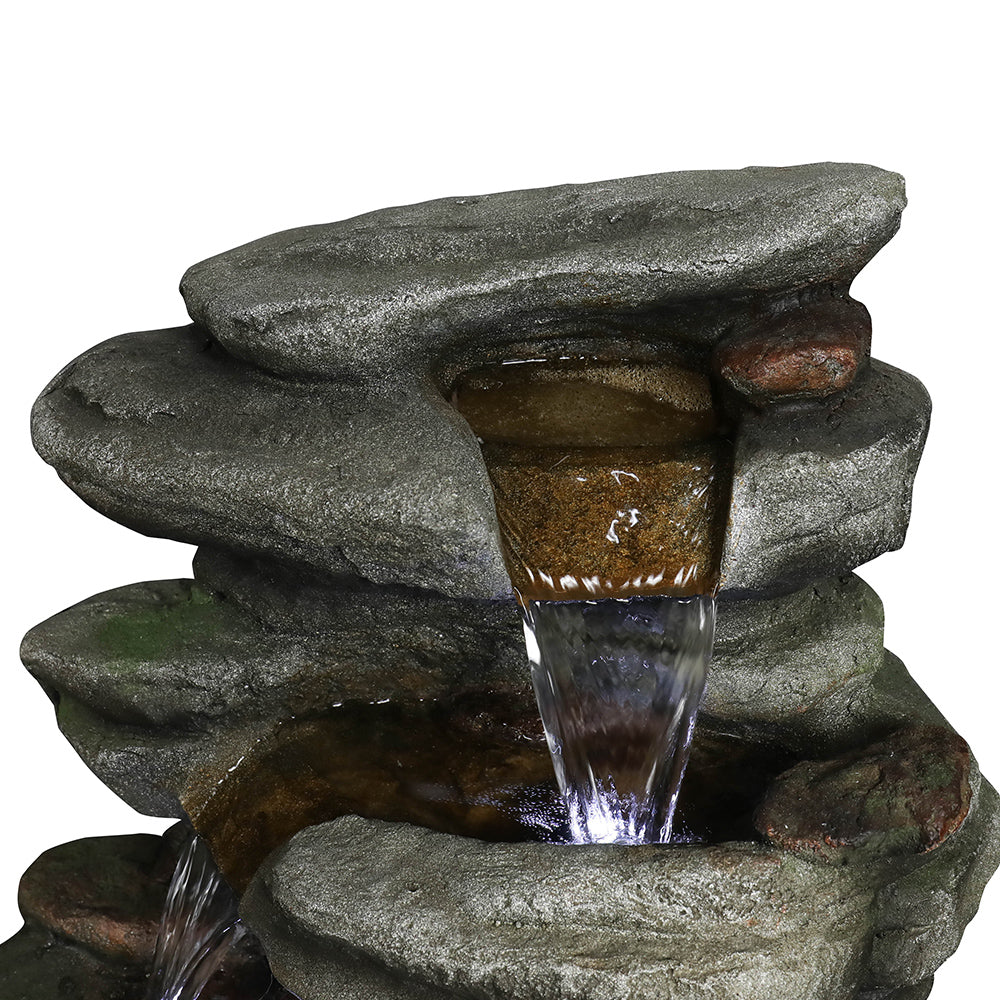 30,7"H - Mehrstufiger Steingarten-Springbrunnen für den Außenbereich mit weißen LED-Leuchten