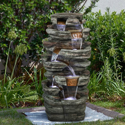 48" H 7-Tiered Stacked Shale Outdoor Fountain with LED Lights
