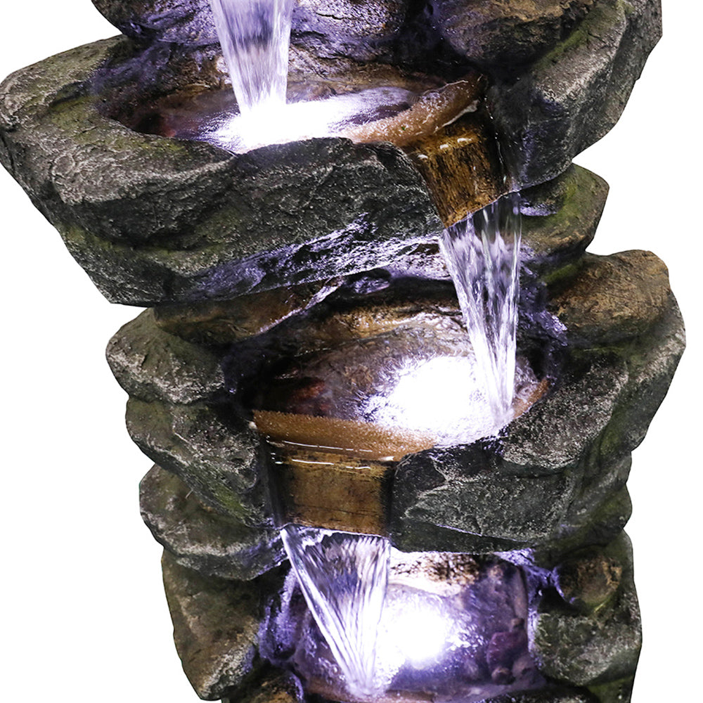 4-Tiered Rock Outdoor Fountain with White LED Lights