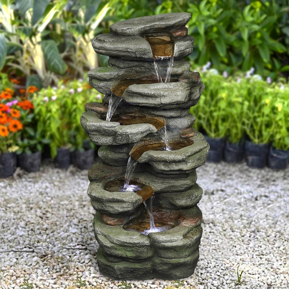 30,7"H - Mehrstufiger Steingarten-Springbrunnen für den Außenbereich mit weißen LED-Leuchten