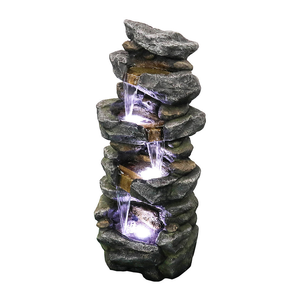 4-Tiered Rock Outdoor Fountain with White LED Lights