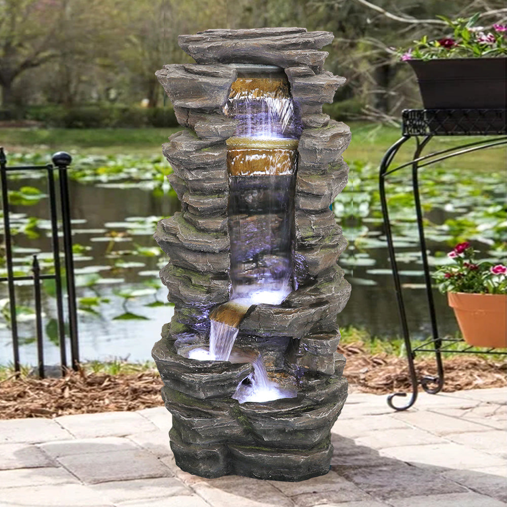 Rock Waterfall Outdoor Fountain with LED Lights