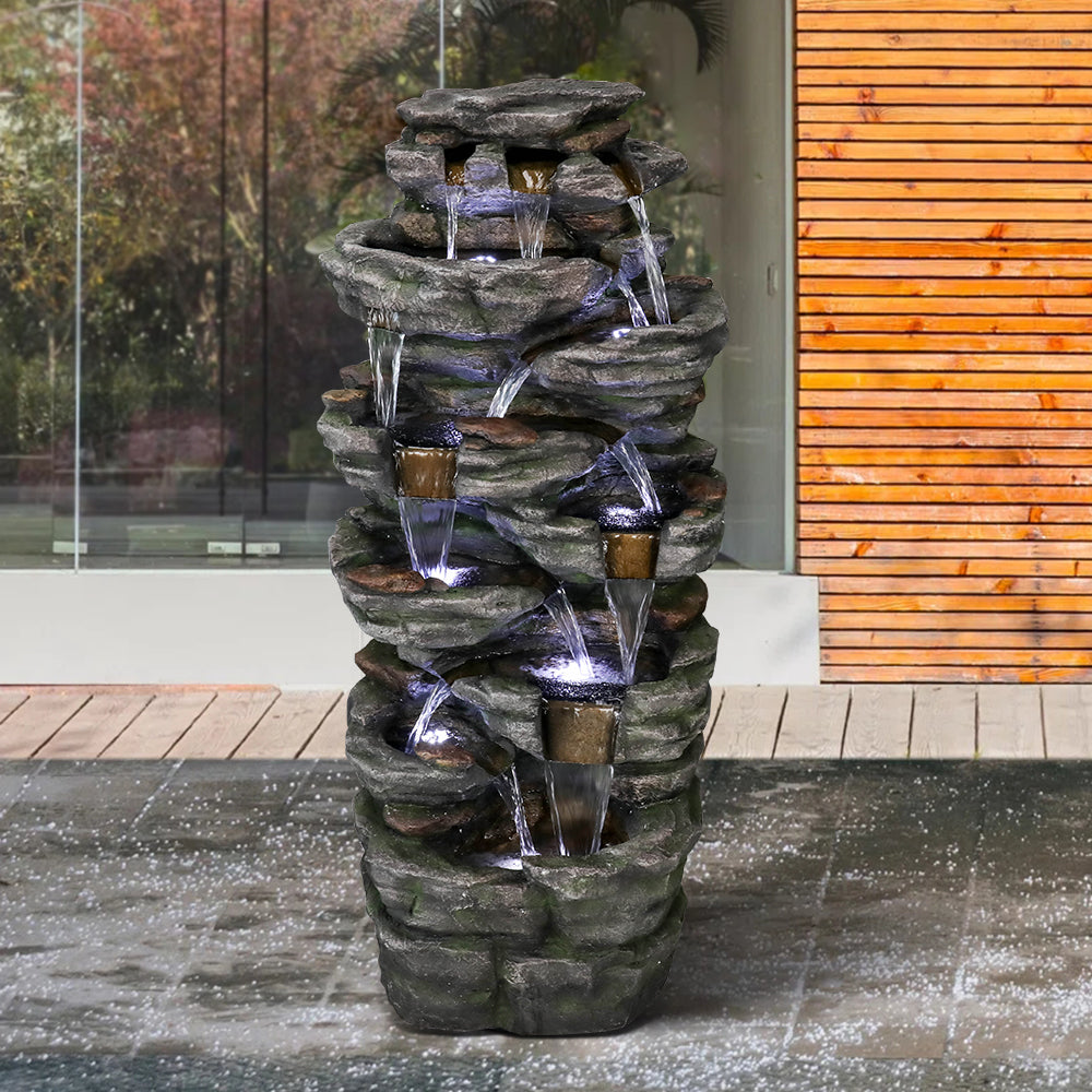 47.2"H 9-Tiered  Rock Outdoor Fountain with LED Lights