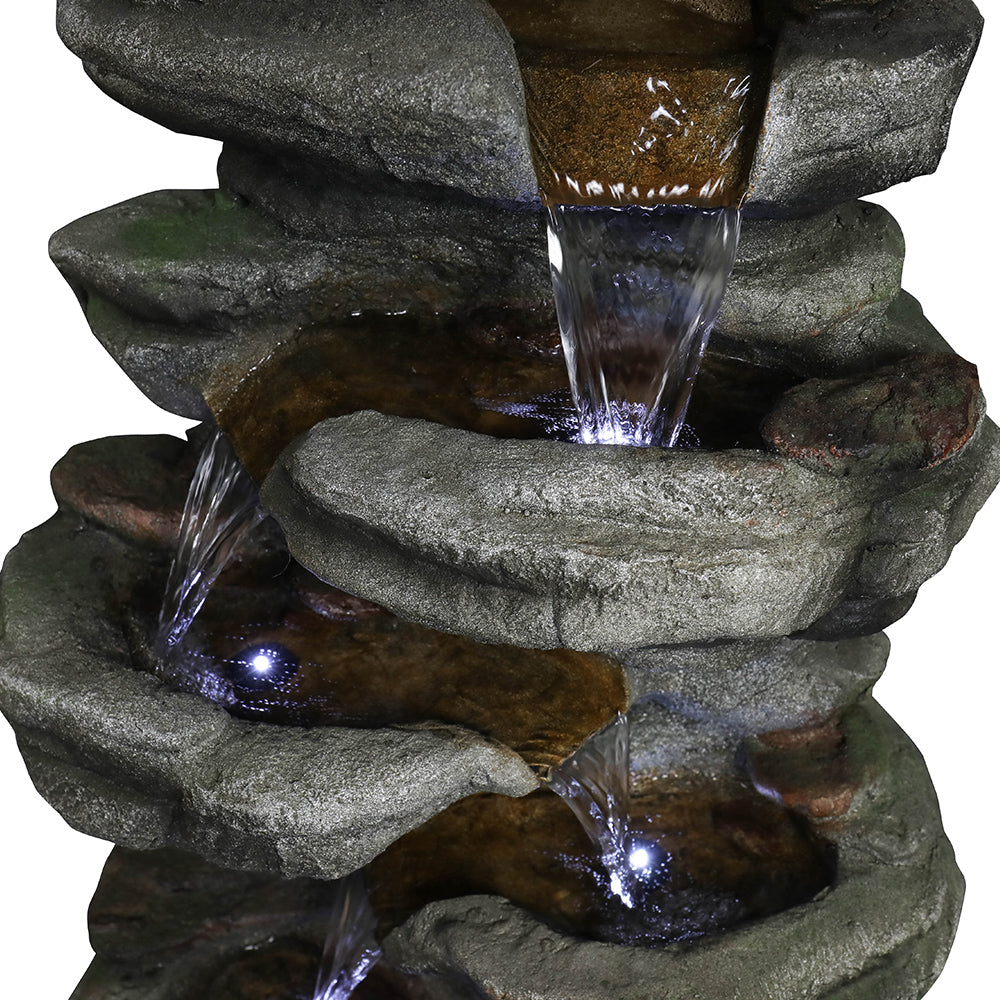 30,7"H - Mehrstufiger Steingarten-Springbrunnen für den Außenbereich mit weißen LED-Leuchten