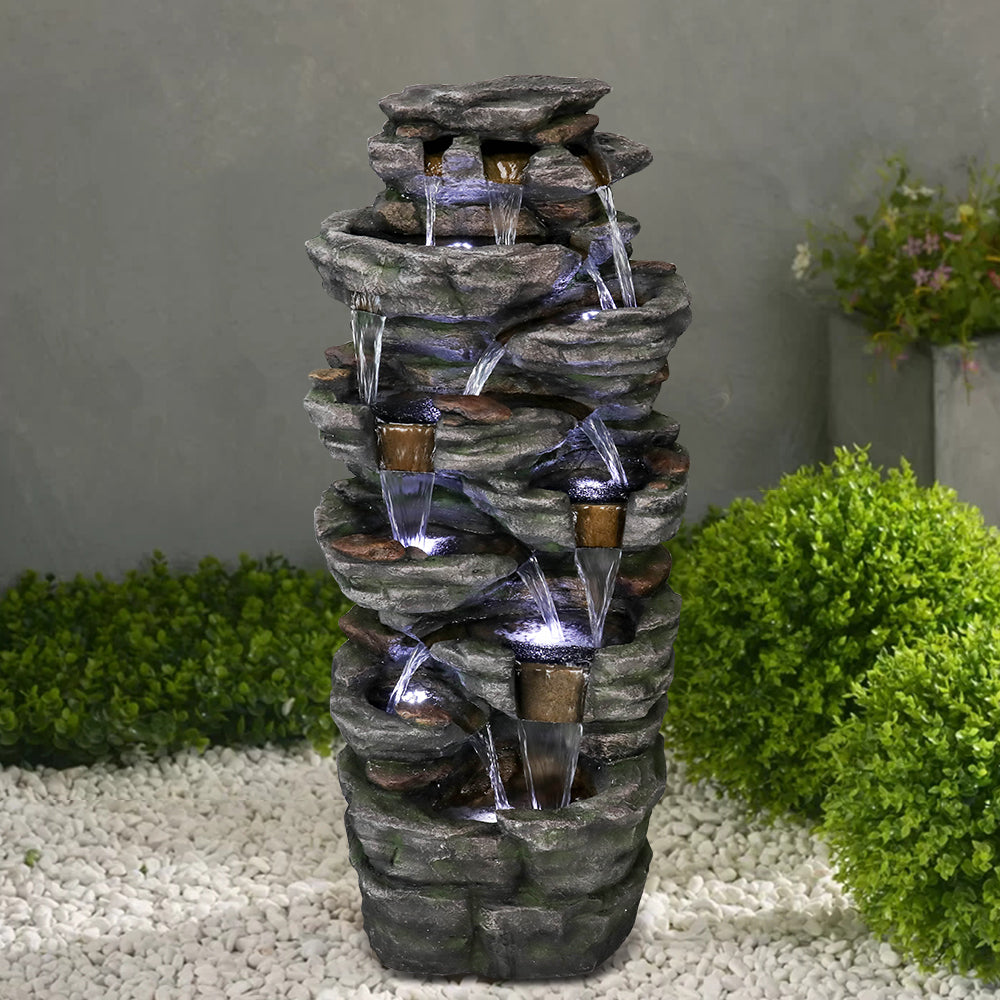 47.2"H 9-Tiered  Rock Outdoor Fountain with LED Lights
