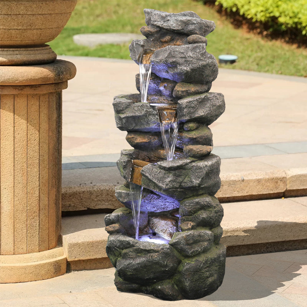 4-Tiered Rock Outdoor Fountain with White LED Lights