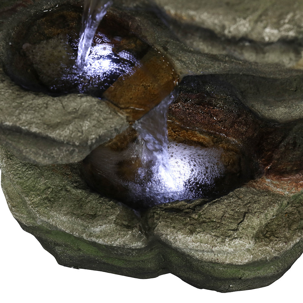 30,7"H - Mehrstufiger Steingarten-Springbrunnen für den Außenbereich mit weißen LED-Leuchten