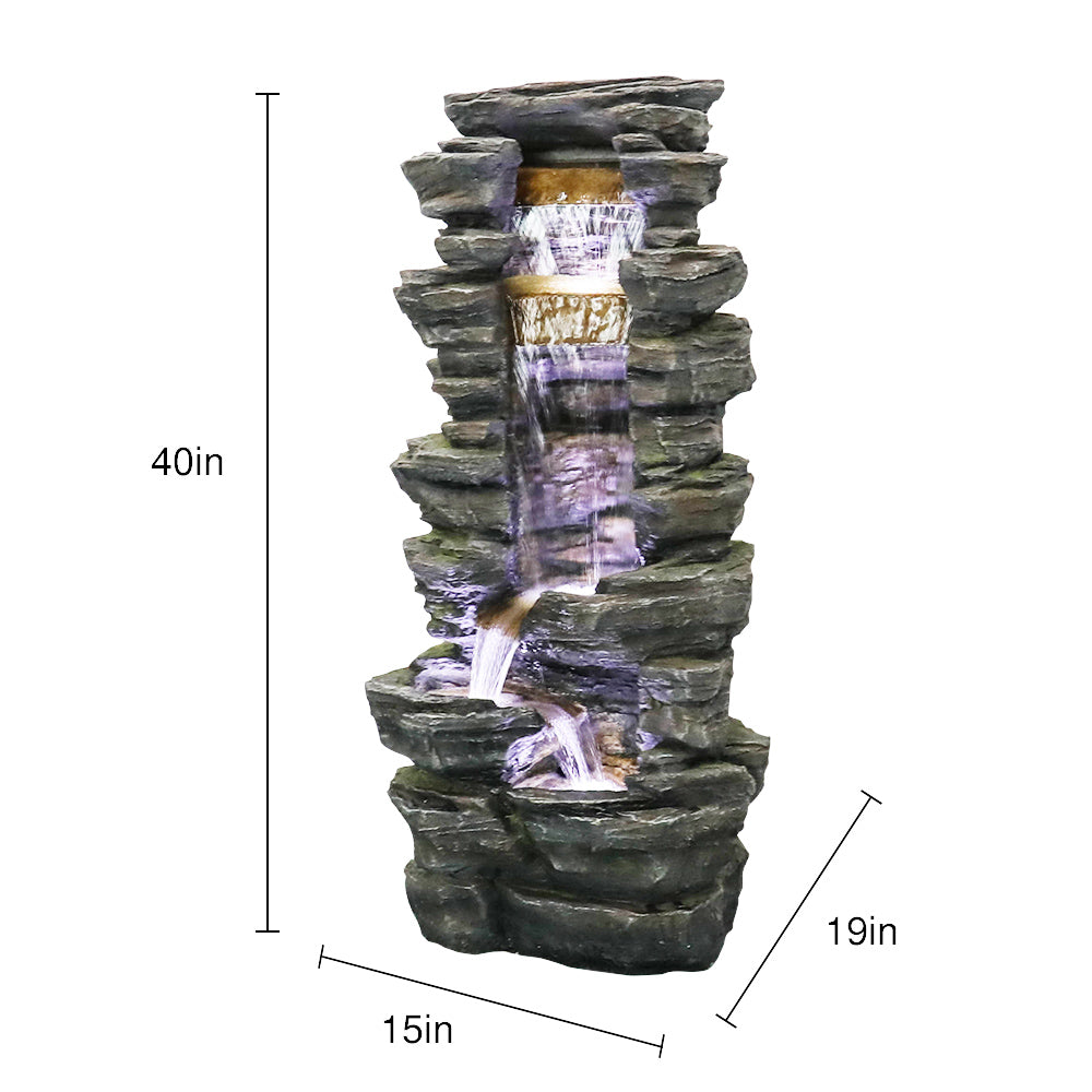 Rock Waterfall Outdoor Fountain with LED Lights
